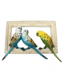  Resin Parakeets on White Wood Frame
